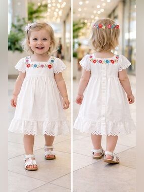 Tea Collection White Eyelet Dress with Colorful Floral Embroidery EUC